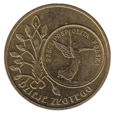 Монета 2 злотых, 2007 год, Польша. (Ника) История злотого: 5 злотых образца 1928 года.
