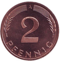 Дубовые листья. Монета 2 пфеннига. 1996 год (A), ФРГ. UNC.
