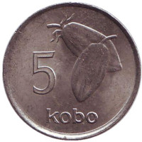 Плоды какао. Монета 5 кобо. 1976 год, Нигерия.