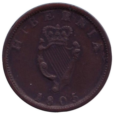 Монета 1/2 пенни. 1805 год, Ирландия. Георг III.