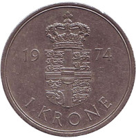Монета 1 крона. 1974 год, Дания.