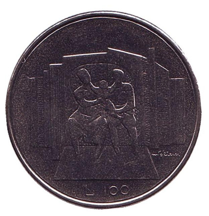 Монета 100 лир. 1976 год, Сан-Марино. Семья с ребенком.