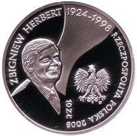 10 лет со дня смерти Збигнева Херберта. Монета 10 злотых. 2008 год, Польша. Серебро! Пруф.