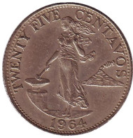 Монета 25 сентаво. 1964 год, Филиппины. Монета 25 сентаво. 1964 год, Филиппины.