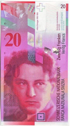 Банкнота 20 франков. 2008 год, Швейцария. Артюр Онеггер.