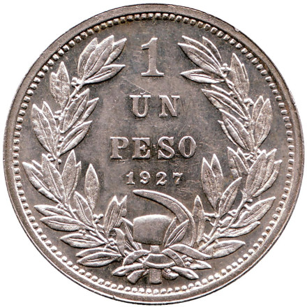 Монета 1 песо. 1927 год, Чили. Кондор.