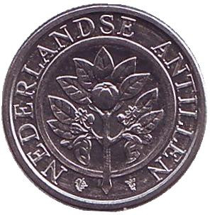 Монета 1 цент, 2001 год, Нидерландские Антильские острова. Цветок апельсинового дерева.