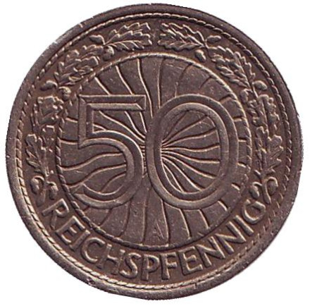 Монета 50 рейхспфеннигов. 1936 год (A), Веймарская республика.