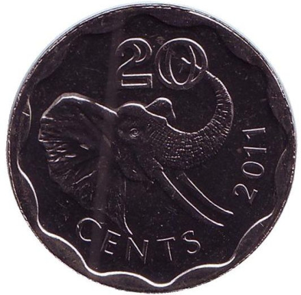 Монета 20 центов. 2011 год, Свазиленд. (Диаметр 24 мм). Слон.