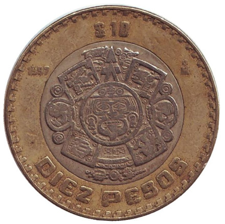 Монета 10 песо. 1997 год, Мексика. Тонатиу. Ацтекский солнечный камень. Орел.