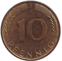 Дубовые листья. Монета 10 пфеннигов. 1972 год (J), ФРГ.