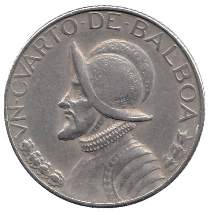 Монета 1/4 бальбоа. 1970 год, Панама. Васко Нуньес де Бальбоа.