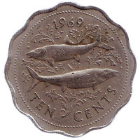 Рыбы. Монета 10 центов, 1969 год, Багамские острова. 
