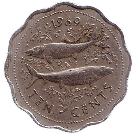 Монета 10 центов, 1969 год, Багамские острова. Рыбы.