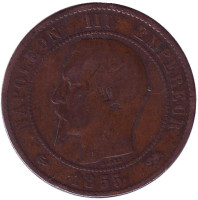 Наполеон III. Монета 10 сантимов. 1855 год (D), Франция.