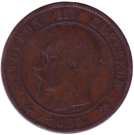 Монета 10 сантимов. 1855 год (D), Франция. Наполеон III.