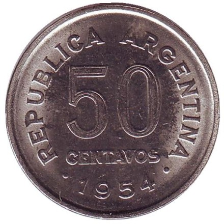 Монета 50 сентаво. 1954 год, Аргентина. Генерал Хосе де Сан-Мартин. Монета 50 сентаво. 1954 год, Аргентина. Генерал Хосе де Сан-Мартин.