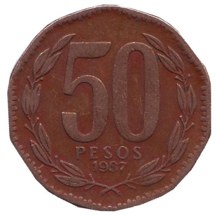 Монета 50 песо. 1987 год, Чили. Бернардо О’Хиггинс.