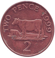 Корова. Монета 2 пенса, 1999 год, Гернси.