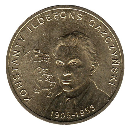 Монета 2 злотых, 2005 год, Польша. 100-летие со дня рождения Константина Ильдефонса Галчинского.