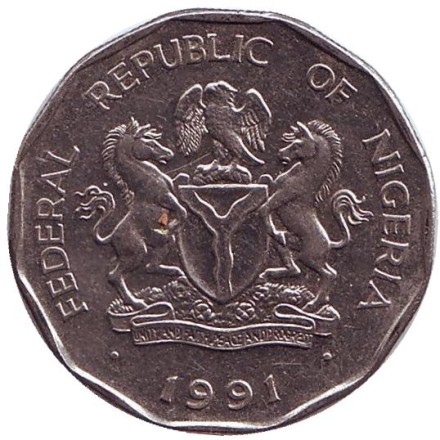 Монета 50 кобо. 1991 год, Нигерия. Початок кукурузы. Монета 50 кобо. 1991 год, Нигерия. Початок кукурузы.