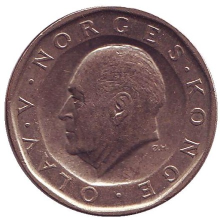 Монета 10 крон. 1991 год, Норвегия. Король Улаф V. Монета 10 крон. 1991 год, Норвегия. Король Улаф V.
