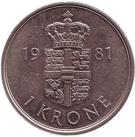 Монета 1 крона. 1981 год, Дания.