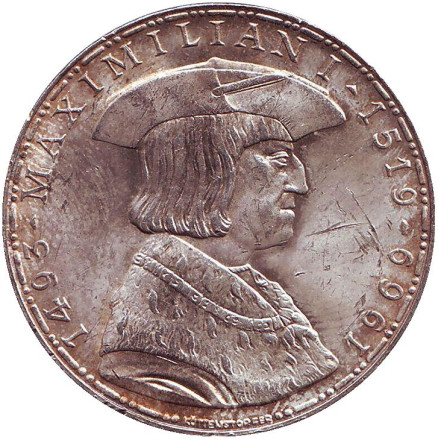 Монета 50 шиллингов. 1969 год, Австрия. 450-летие со дня смерти Максимилиана I.