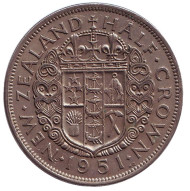 Монета 1/2 кроны. 1951 год, Новая Зеландия. Монета 1/2 кроны. 1951 год, Новая Зеландия.