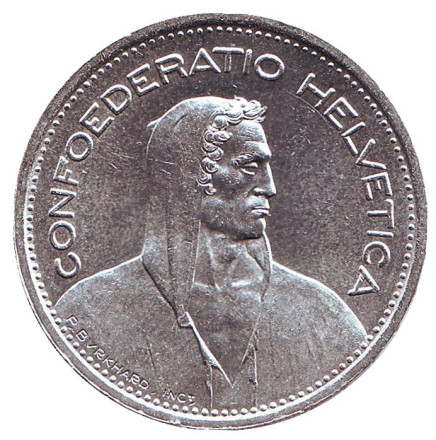 Монета 5 франков. 1953 год, Швейцария. Вильгельм Телль.