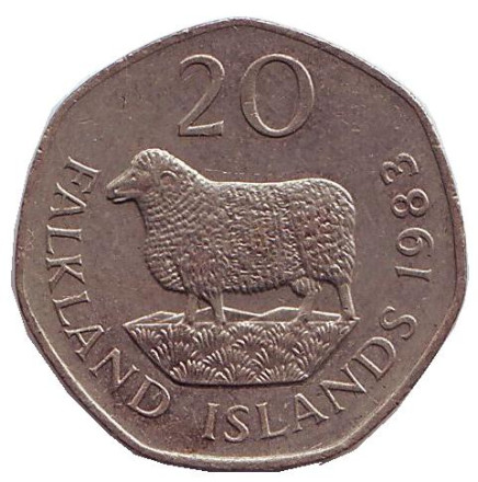 Монета 20 пенсов. 1983 год, Фолклендские острова. Овца "Ромни-марш".