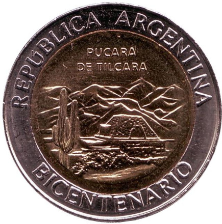 Монета 1 песо. 2010 год, Аргентина. UNC. 200 лет Аргентине. Развалины крепости Пукара около г. Тилькара.