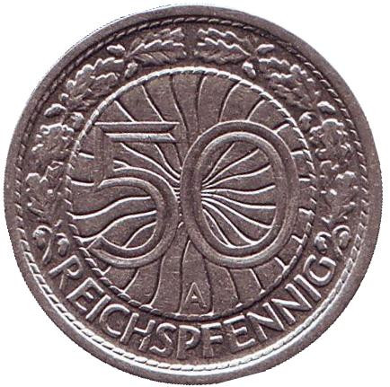 Монета 50 рейхспфеннигов. 1937 год (A), Веймарская республика.