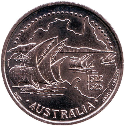 Монета 200 эскудо. 1995 год, Португалия. Открытие Австралии 1522 год. Великие географические открытия.