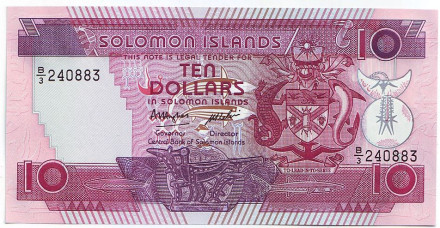 Банкнота 10 долларов. 1986 год, Соломоновы острова.