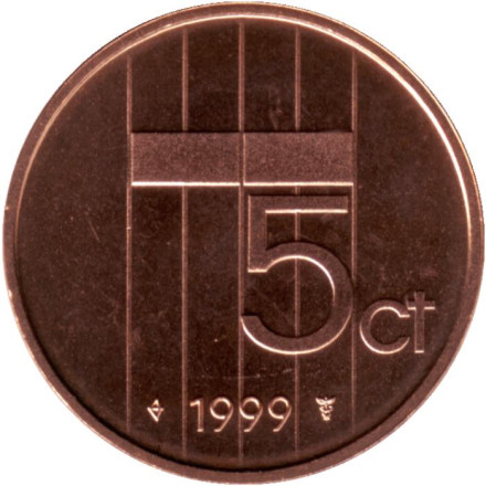 Монета 5 центов. 1999 год, Нидерланды. BU.