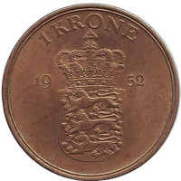 Монета 1 крона. 1952 год, Дания. 