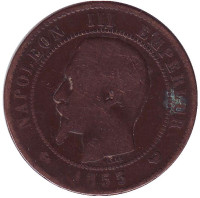 Наполеон III. Монета 10 сантимов. 1855 год (W), Франция.