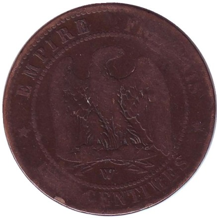 Монета 10 сантимов. 1855 год (W), Франция. Наполеон III. Монета 10 сантимов. 1855 год (W), Франция. Наполеон III.