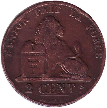 Монета 2 сантима. 1856 год, Бельгия.