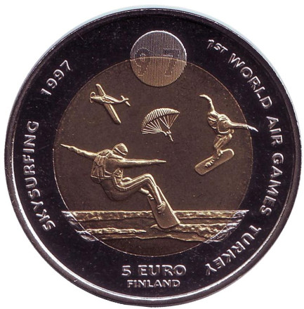 Монета 5 евро. 1997 год, Финляндия. Всемирные воздушные игры в Турции. Планеристы.