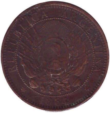 Монета 2 сентаво. 1884 год, Аргентина. Монета 2 сентаво. 1884 год, Аргентина.