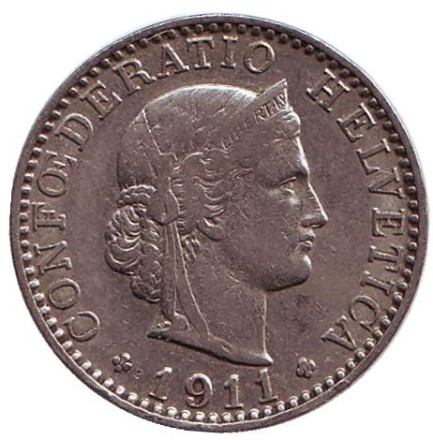Монета 20 раппенов. 1911 год, Швейцария. Монета 20 раппенов. 1911 год, Швейцария.