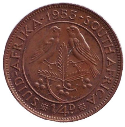 Монета 1/4 пенни (фартинг). 1953 год, ЮАР. Птицы.