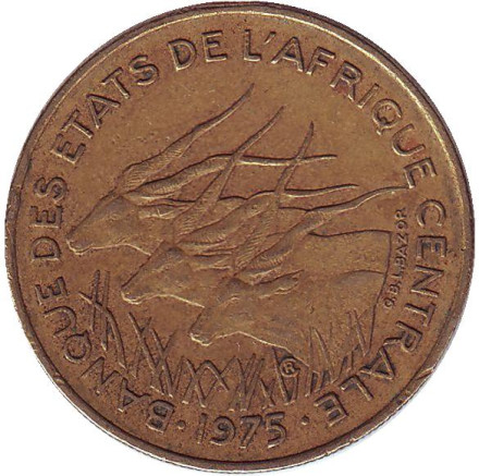 Монета 25 франков. 1975 год, Центральные Африканские Штаты. Африканские антилопы. (Западные канны).