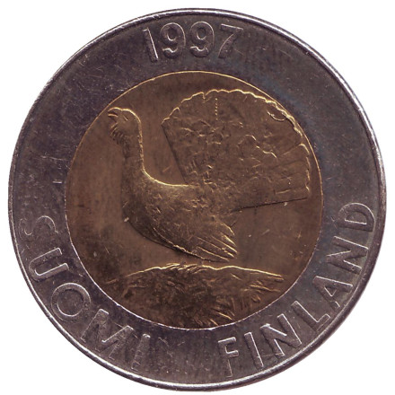 Монета 10 марок. 1997 год, Финляндия. Глухарь.