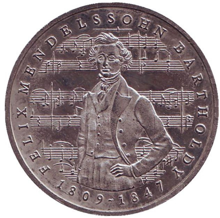 Монета 5 марок. 1984 год, ФРГ. Из обращения. 175 лет со дня рождения Феликса Мендельсона.