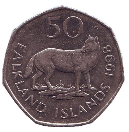 Монета 50 пенсов. 1998 год, Фолклендские острова. Лисица.