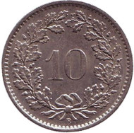 Монета 10 раппенов. 1965 год, Швейцария. Монета 10 раппенов. 1965 год, Швейцария.