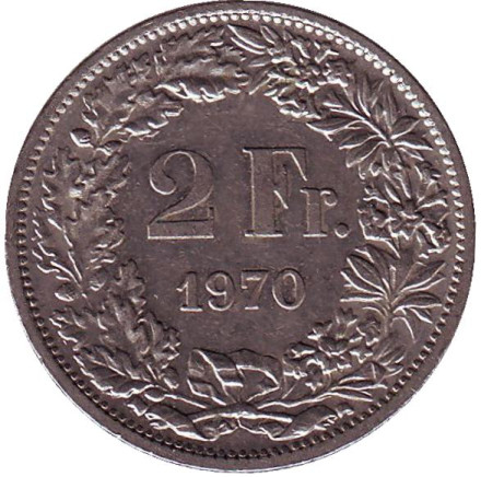 Монета 2 франка. 1970 год, Швейцария. Гельвеция.